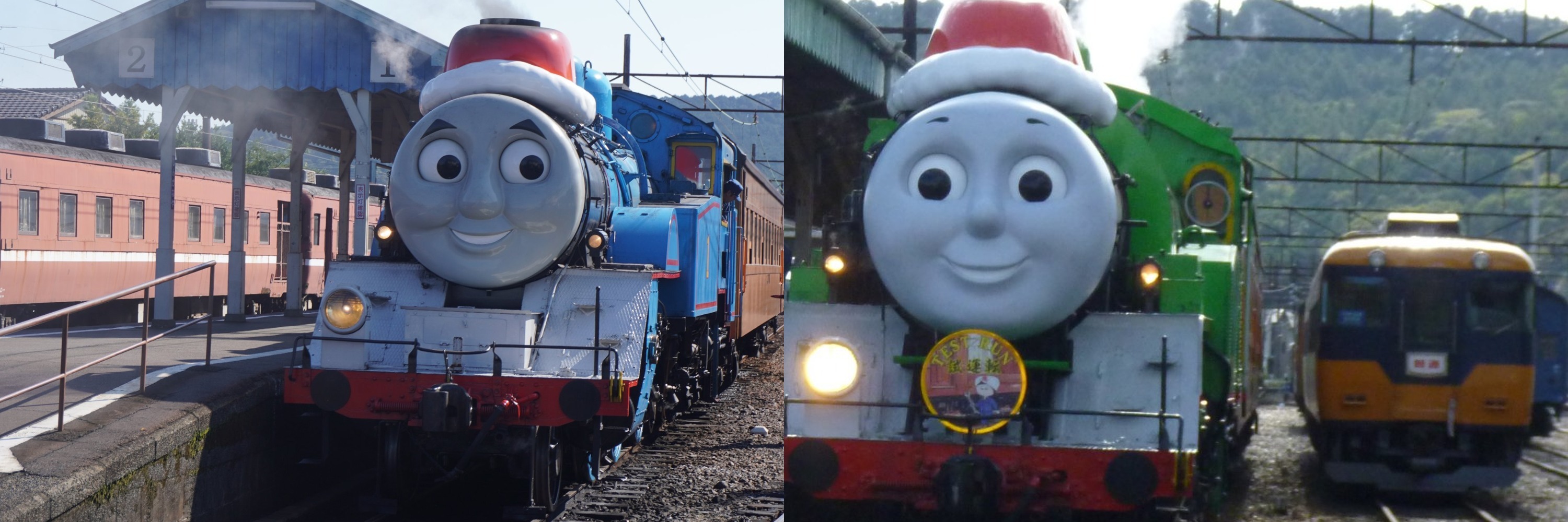 クリスマスのかざりをつけたトーマス号と、サンタさんのすがたのパーシー号